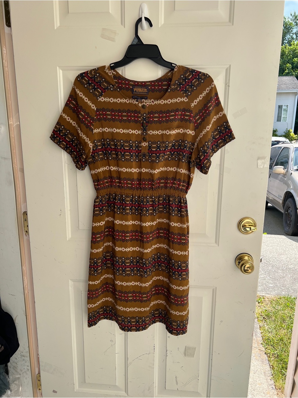 Pendleton 100-% Silk Mustard Striped Floral-Accent Short Sleeve Dress